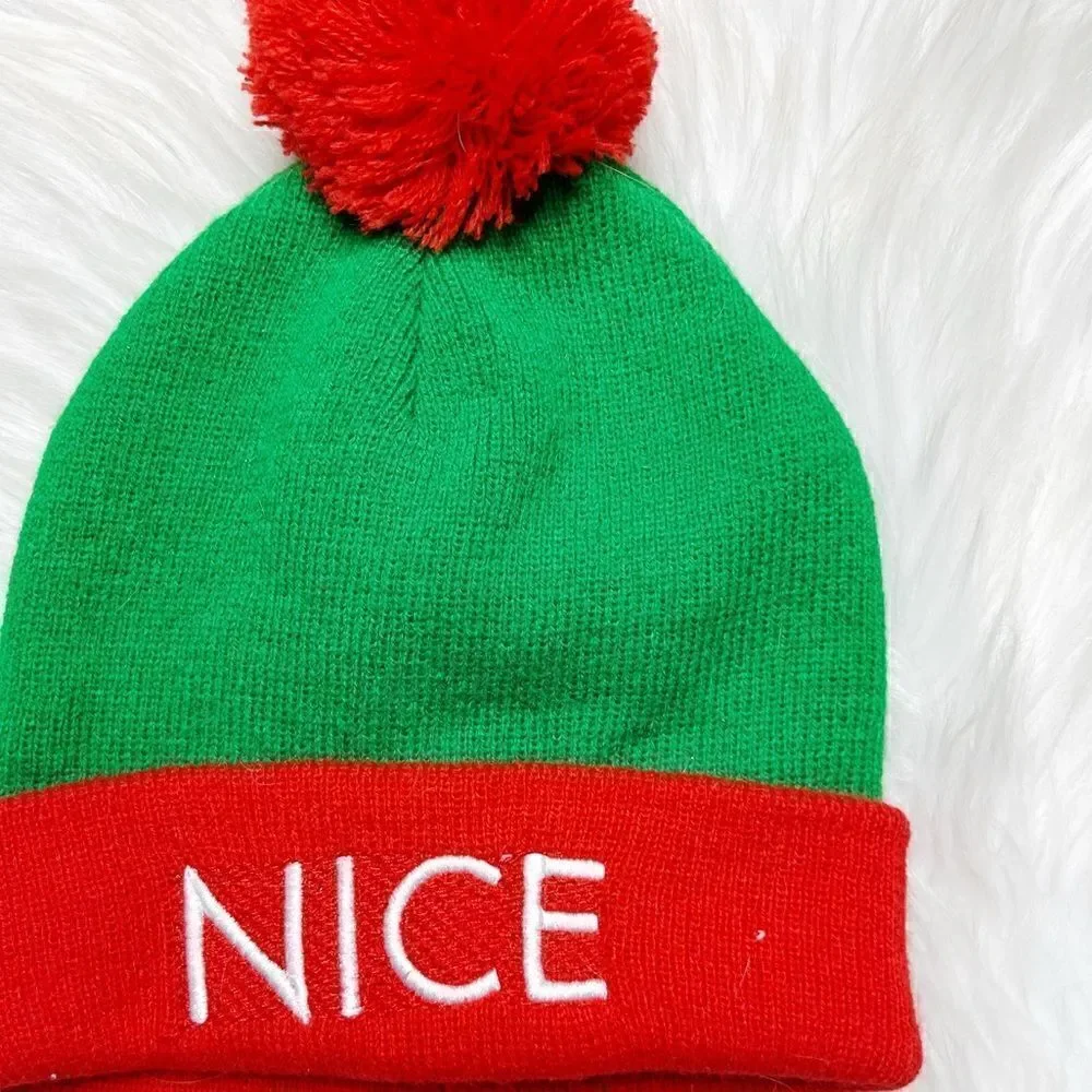 NICE Puff Ball Beanie Hat Red and Green One Size